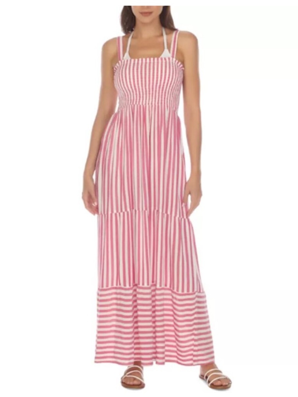 NEW Raviya Pink & White Stripe Dress Size XL Maxi Length Smocked Cover Up NWT
